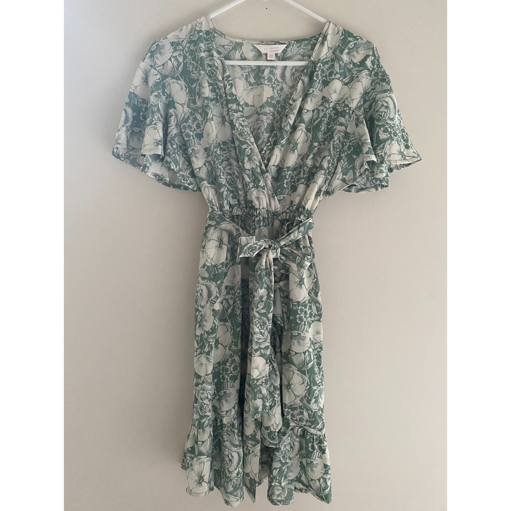Floral Cottagecore Wrap Dress Womens XS Green Cream Flutter Sleeve Midi